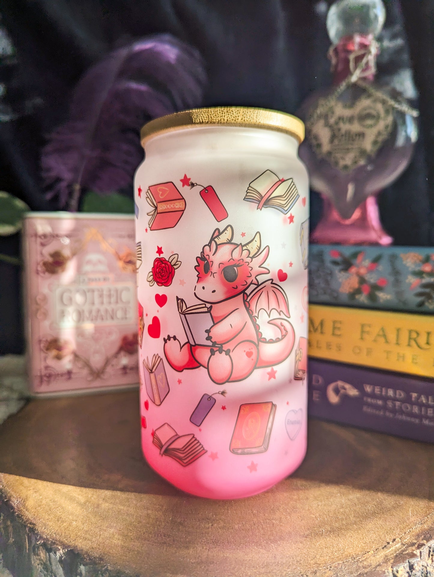 Pink Book Dragon Can Glass Cup | Bamboo Lid and Metal Straw
