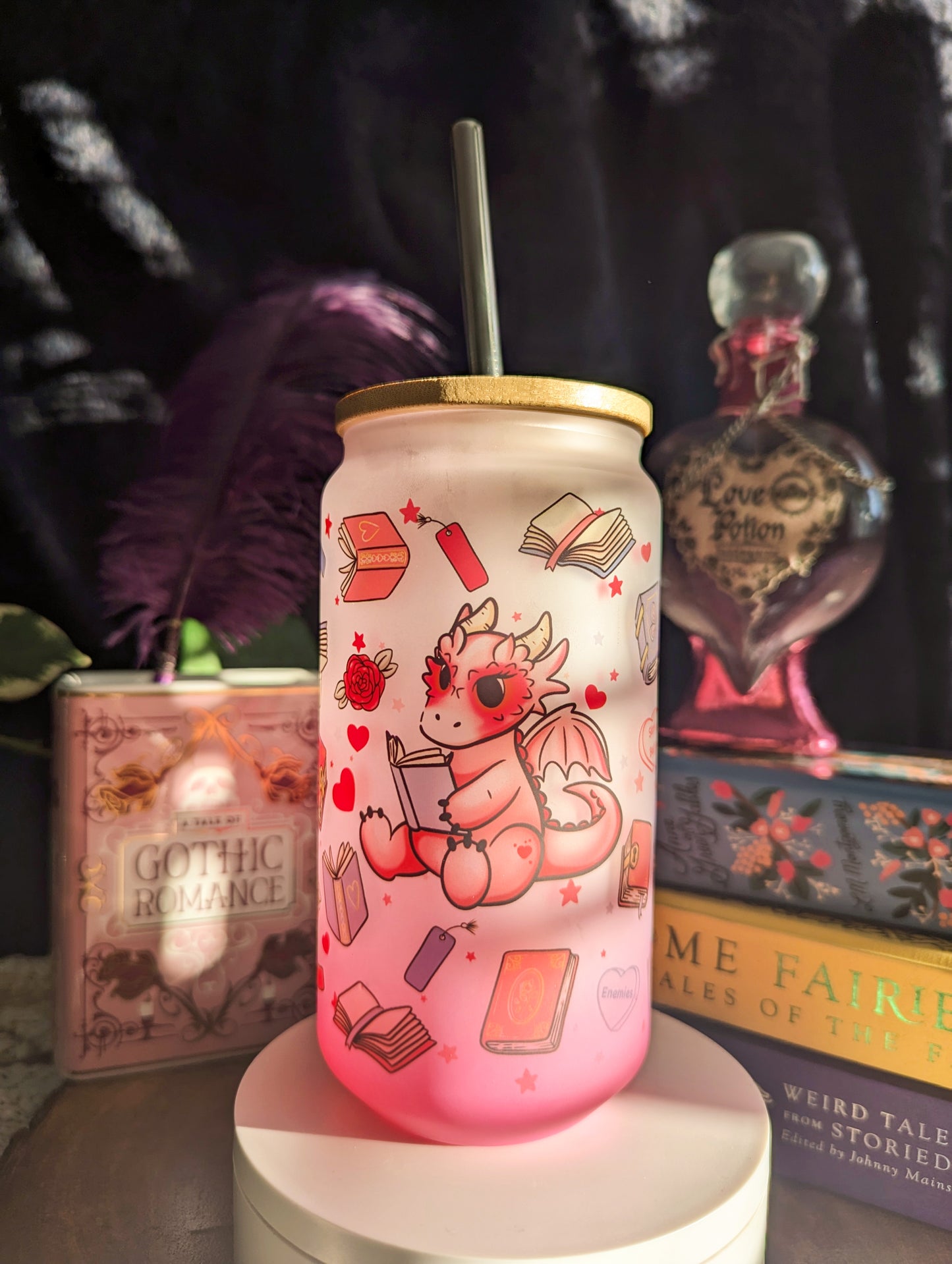 Pink Book Dragon Can Glass Cup | Bamboo Lid and Metal Straw