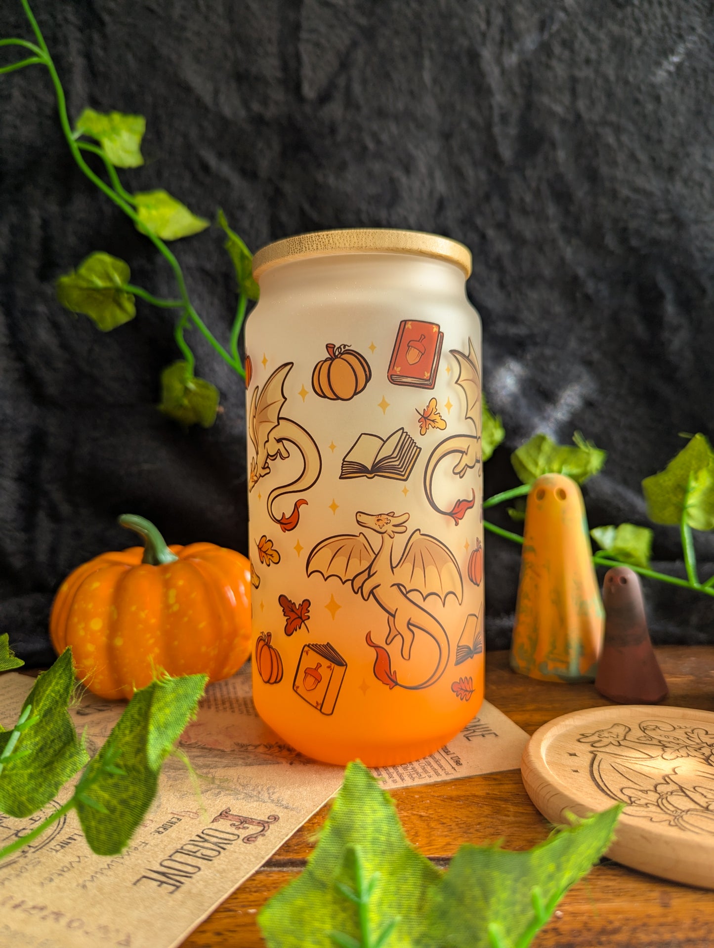 Autumn Dragons Can Glass Cup | Bamboo Lid and Metal Straw
