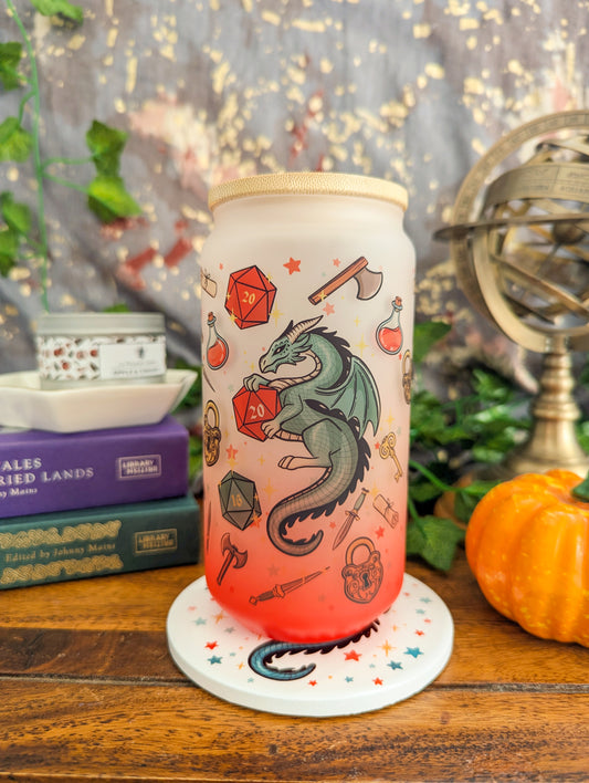D20 Dice Dragon Glass | Bamboo Lid and Metal Straw