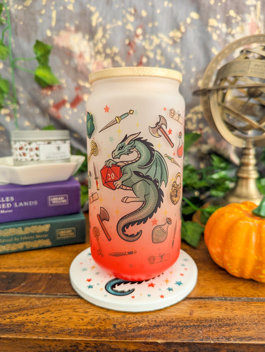 D20 Dice Dragon Glass | Bamboo Lid and Metal Straw