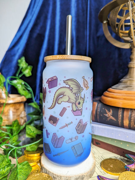 Fantasy Reader Can Glass Cup | Bamboo Lid and Metal Straw