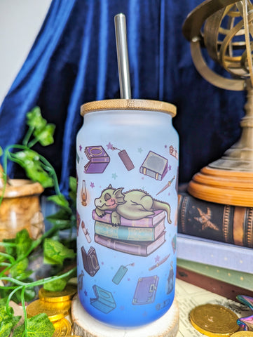 Fantasy Reader Can Glass Cup | Bamboo Lid and Metal Straw
