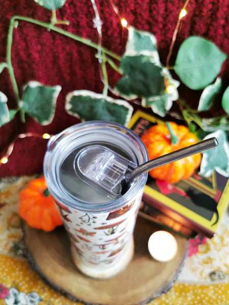 Mushroom and Tomes Slim Stainless Steel Slim Tumbler with Metal Straw