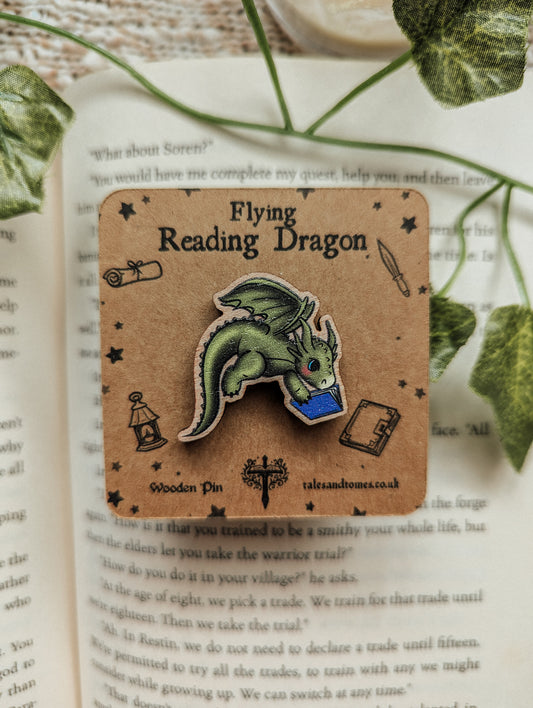 Flying Reading Dragon Wooden Pin