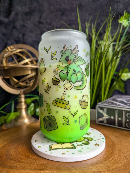 Matcha Reading Dragons Can Glass Cup | Bamboo Lid and Metal Straw