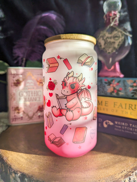 Pink Book Dragon Can Glass Cup | Bamboo Lid and Metal Straw