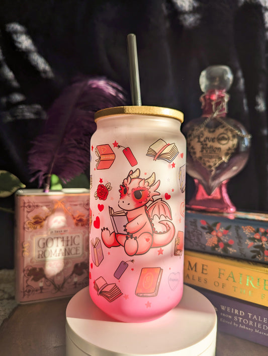 Pink Book Dragon Can Glass Cup | Bamboo Lid and Metal Straw