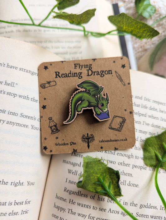 Flying Reading Dragon Wooden Pin