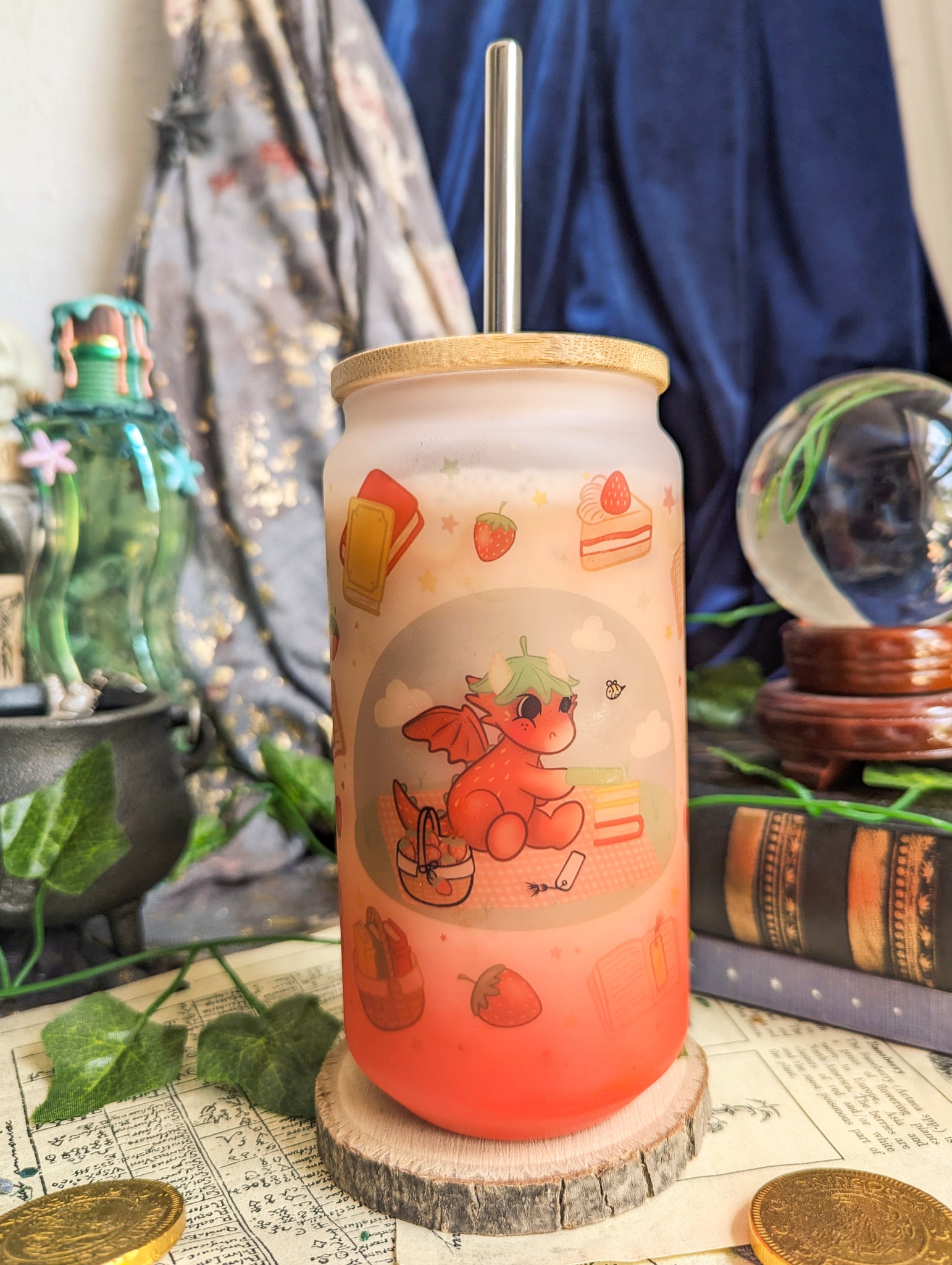 Strawberry Dragon Glass | Bamboo Lid and Metal Straw