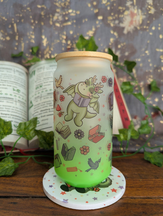 Moss Reading Dragons Can Glass Cup | Bamboo Lid and Metal Straw