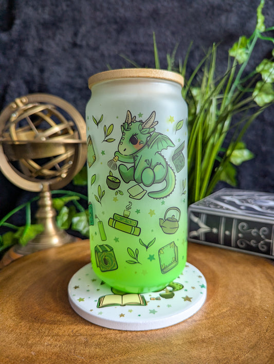 Matcha Reading Dragons Can Glass Cup | Bamboo Lid and Metal Straw