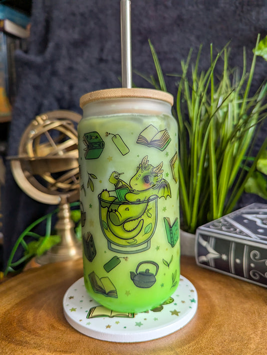 Matcha Reading Dragons Can Glass Cup | Bamboo Lid and Metal Straw