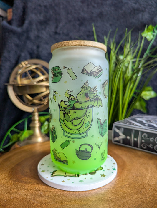 Matcha Reading Dragons Can Glass Cup | Bamboo Lid and Metal Straw