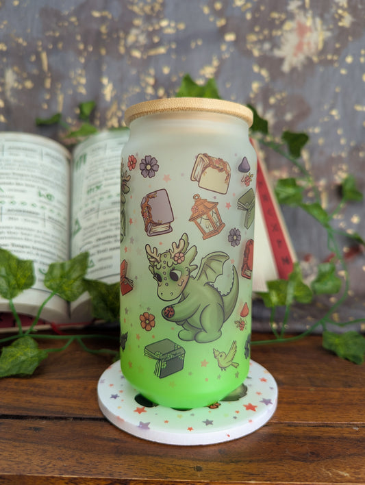 Moss Reading Dragons Can Glass Cup | Bamboo Lid and Metal Straw