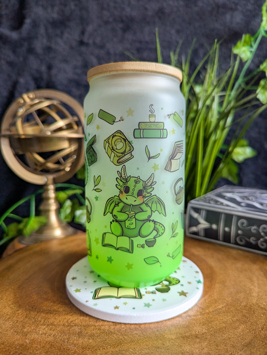 Matcha Reading Dragons Can Glass Cup | Bamboo Lid and Metal Straw