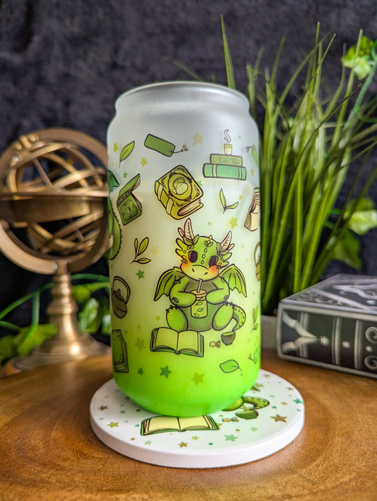 Matcha Reading Dragons Can Glass Cup | Bamboo Lid and Metal Straw