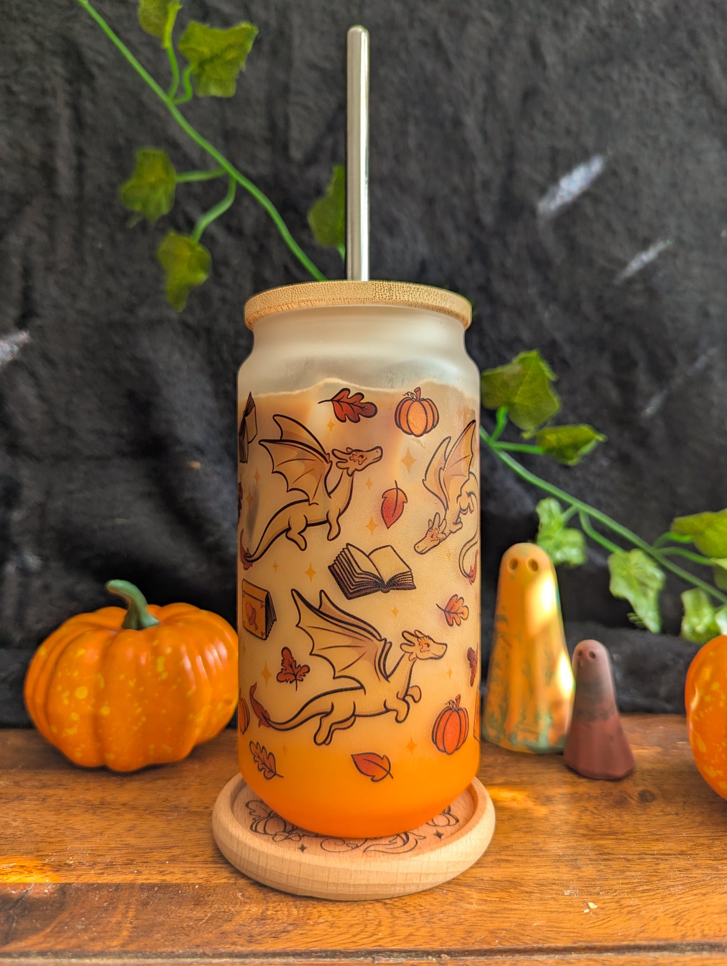 Autumn Dragons Can Glass Cup | Bamboo Lid and Metal Straw