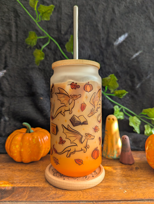 Autumn Dragons Can Glass Cup | Bamboo Lid and Metal Straw