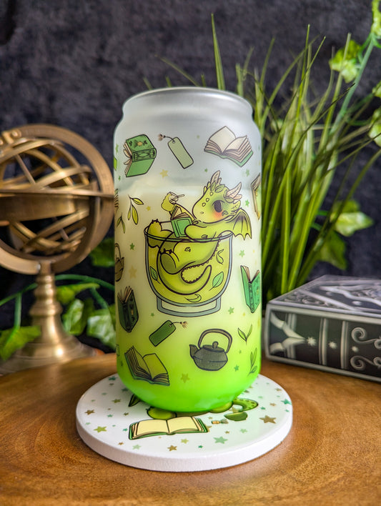 Matcha Reading Dragons Can Glass Cup | Bamboo Lid and Metal Straw