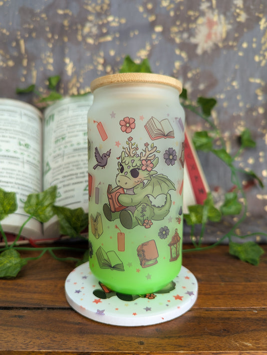 Moss Reading Dragons Can Glass Cup | Bamboo Lid and Metal Straw